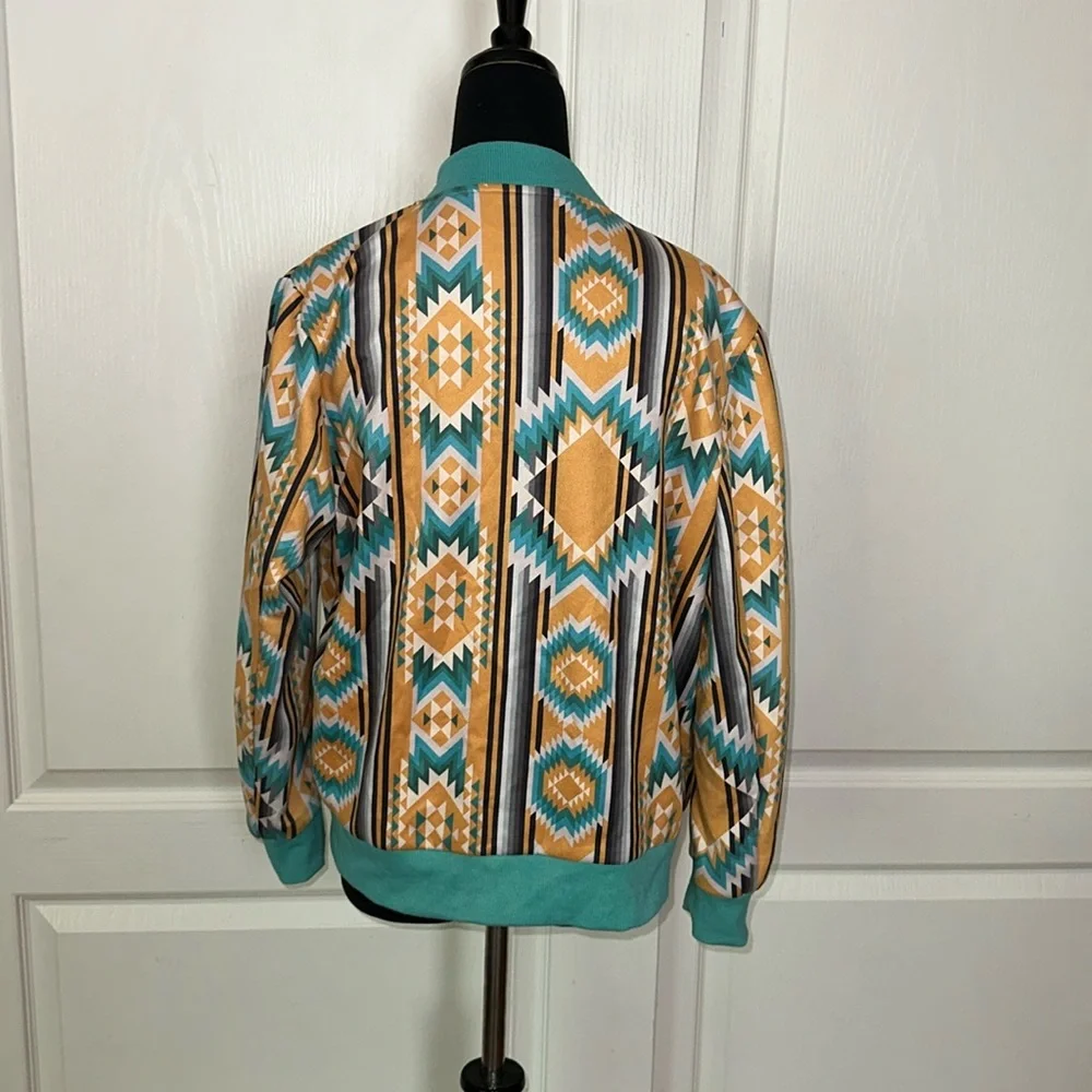 CRAZY TRAIN YELLOW & BLUE AZTEC GEOMETRIC WESTERN COUNTRY COWGIRL BOMBER JACKET - Picture 2 of 7
